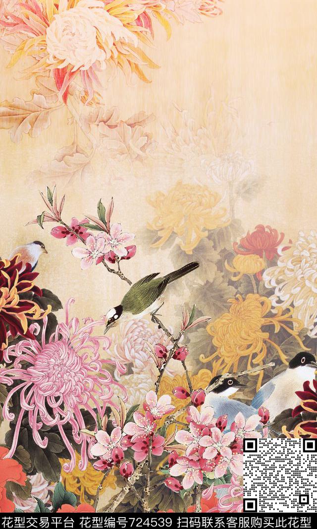 国画、复古花卉、旗袍大花牡丹、国画、花鸟数码印花华亿平台下载（图片编号: 724539） - 瓦栏（Walan）