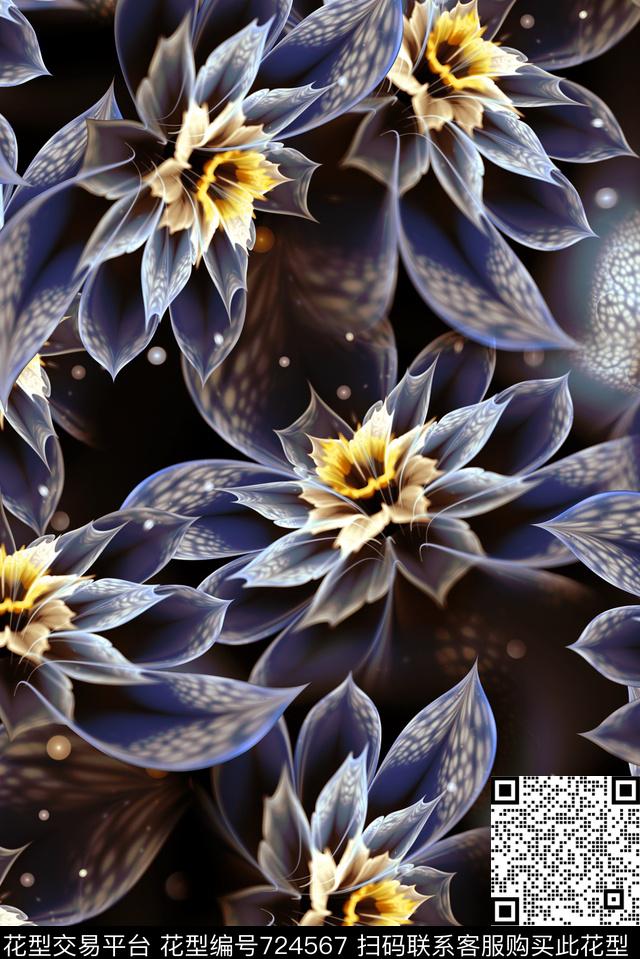 抽象分形几何艺术花卉数码印花时尚潮流女装裙子彩绘肌理纹理印花复古大牌女装夹克外套满版花朵印花数码印花华亿平台下载（图片编号: 724567） - 瓦栏（Walan）