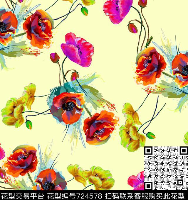 矢量花卉多彩数码印花华亿平台下载（图片编号: 724578） - 瓦栏（Walan）