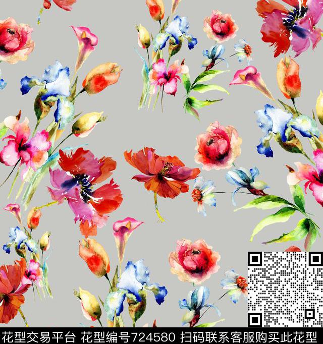 水彩清爽大气数码印花华亿平台下载（图片编号: 724580） - 瓦栏（Walan）