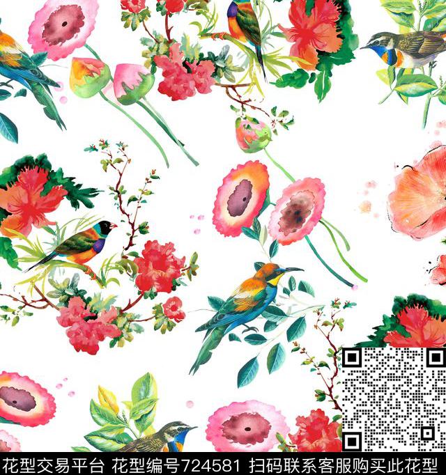 矢量花卉花鸟国画数码印花华亿平台下载（图片编号: 724581） - 瓦栏（Walan）