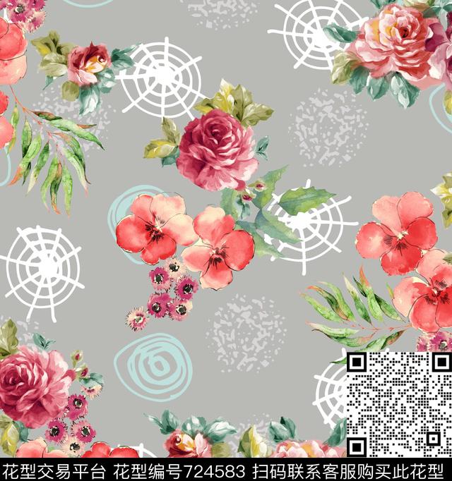 水彩花旋涡个性数码印花华亿平台下载（图片编号: 724583） - 瓦栏（Walan）