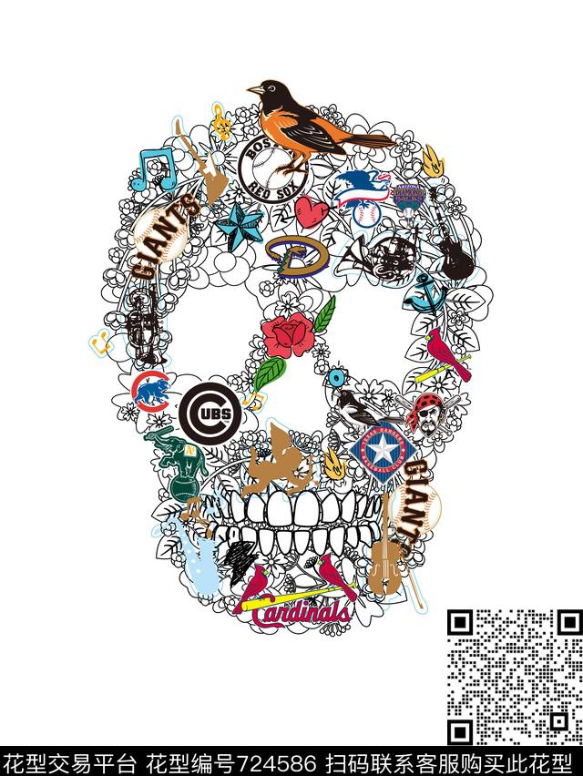 骷髅头潮牌线条数码印花华亿平台下载（图片编号: 724586） - 瓦栏（Walan）