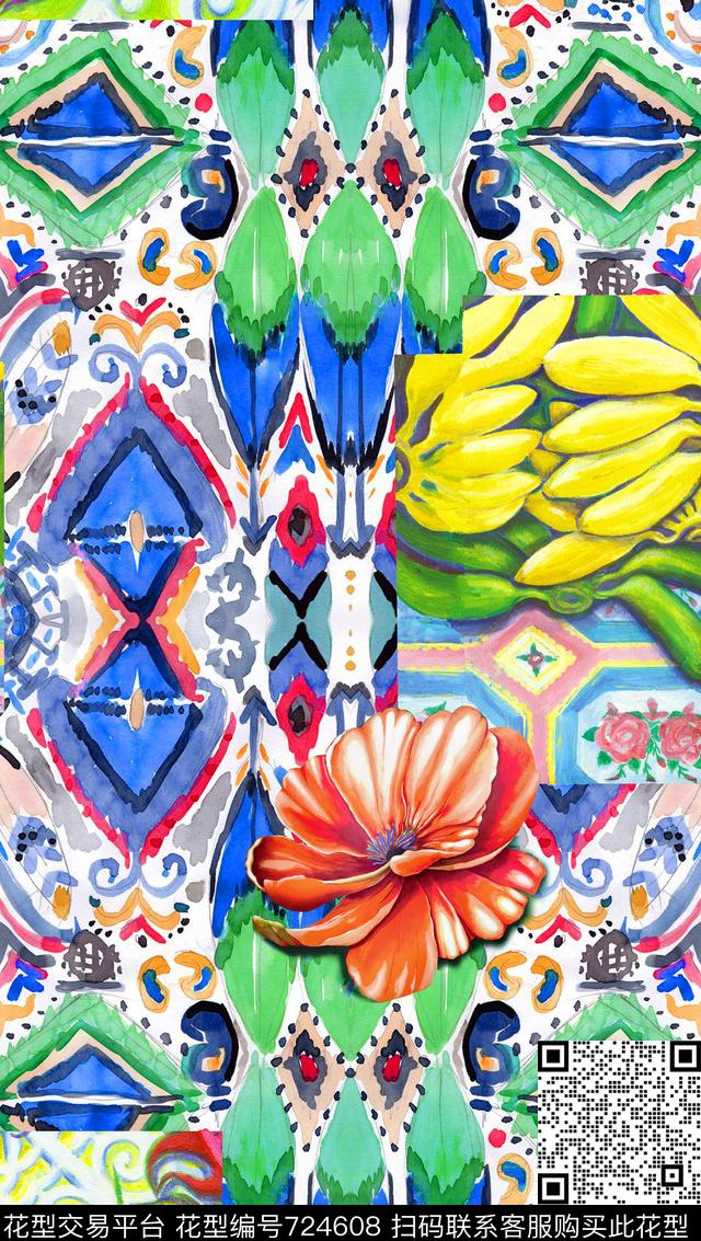 几何民族风花卉数码印花华亿平台下载（图片编号: 724608） - 瓦栏（Walan）