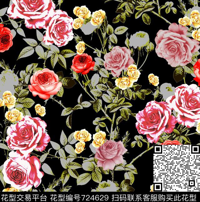 大花牡丹玫瑰数码印花华亿平台下载（图片编号: 724629） - 瓦栏（Walan）