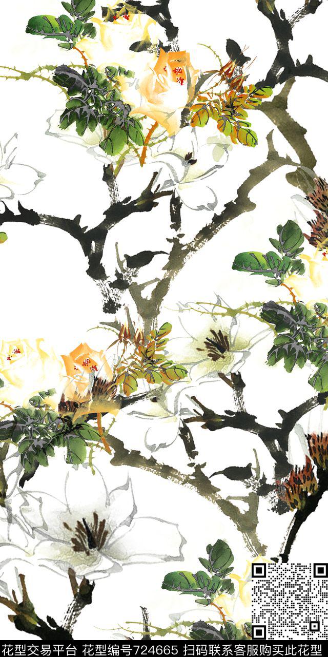 水墨抽象花卉国画数码印花华亿平台下载（图片编号: 724665） - 瓦栏（Walan）