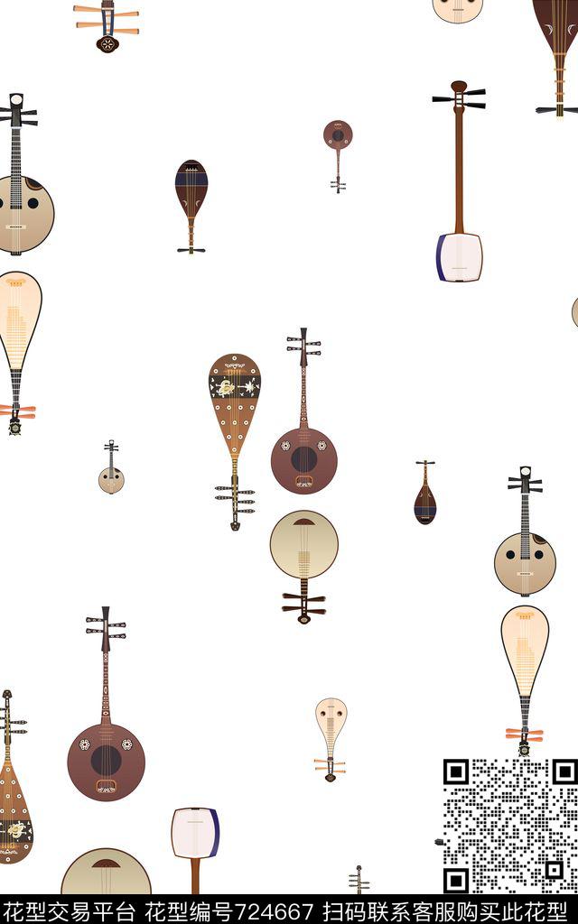 小清新乐器琵琶数码印花华亿平台下载（图片编号: 724667） - 瓦栏（Walan）