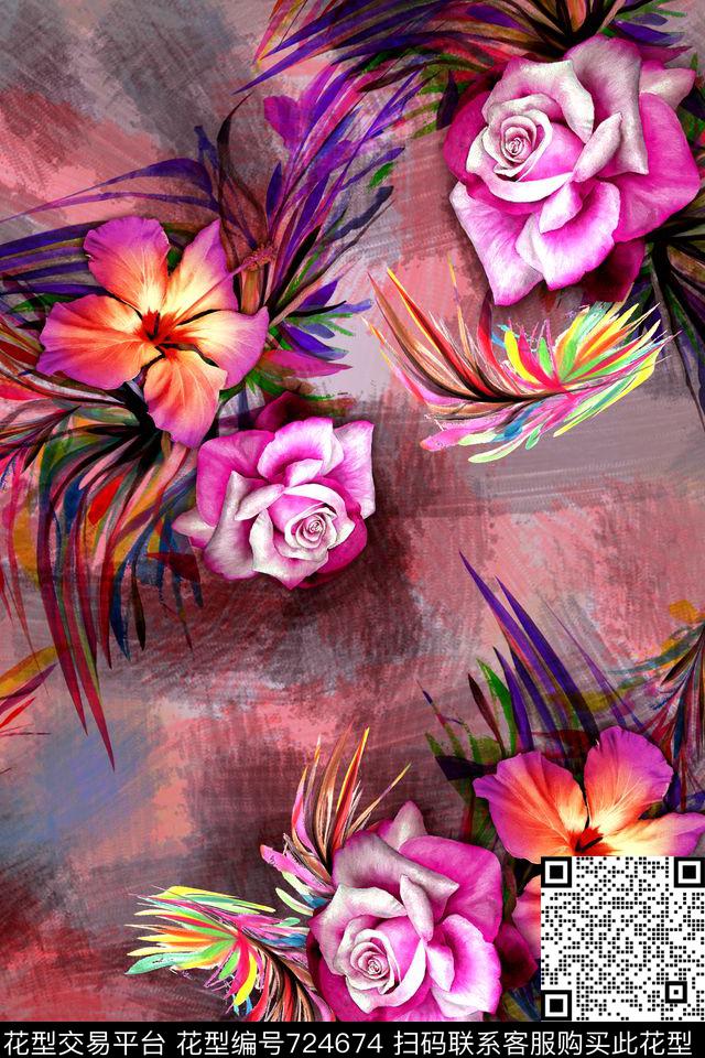 抽象玫瑰大花数码印花华亿平台下载（图片编号: 724674） - 瓦栏（Walan）