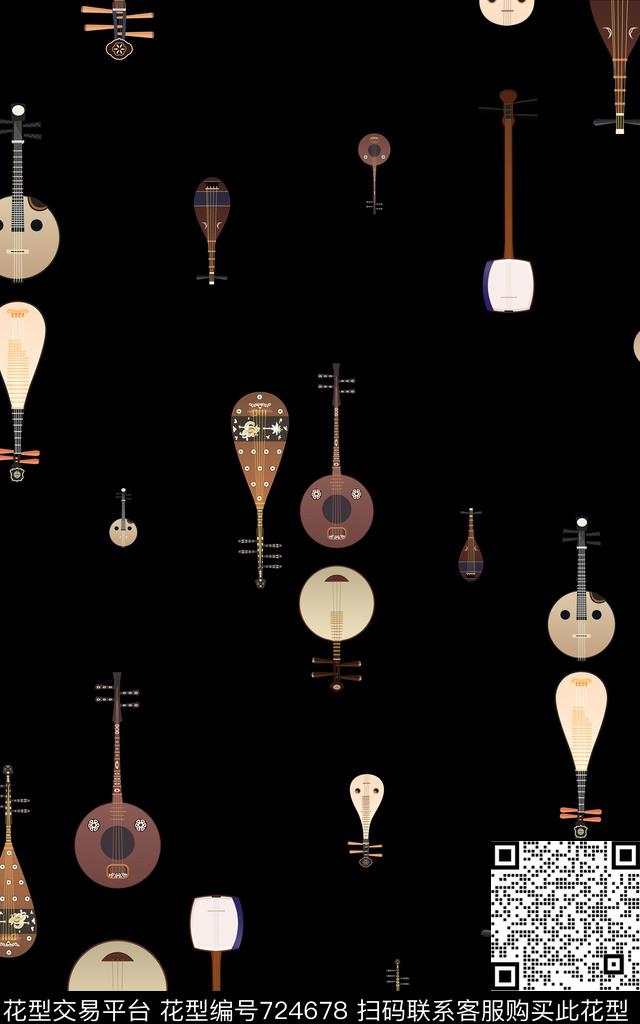 小清新乐器琵琶数码印花华亿平台下载（图片编号: 724678） - 瓦栏（Walan）