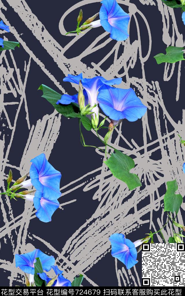喇叭花花朵花卉数码印花华亿平台下载（图片编号: 724679） - 瓦栏（Walan）