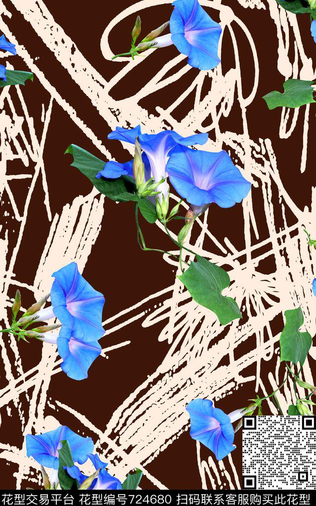 喇叭花花朵花卉数码印花华亿平台下载（图片编号: 724680） - 瓦栏（Walan）
