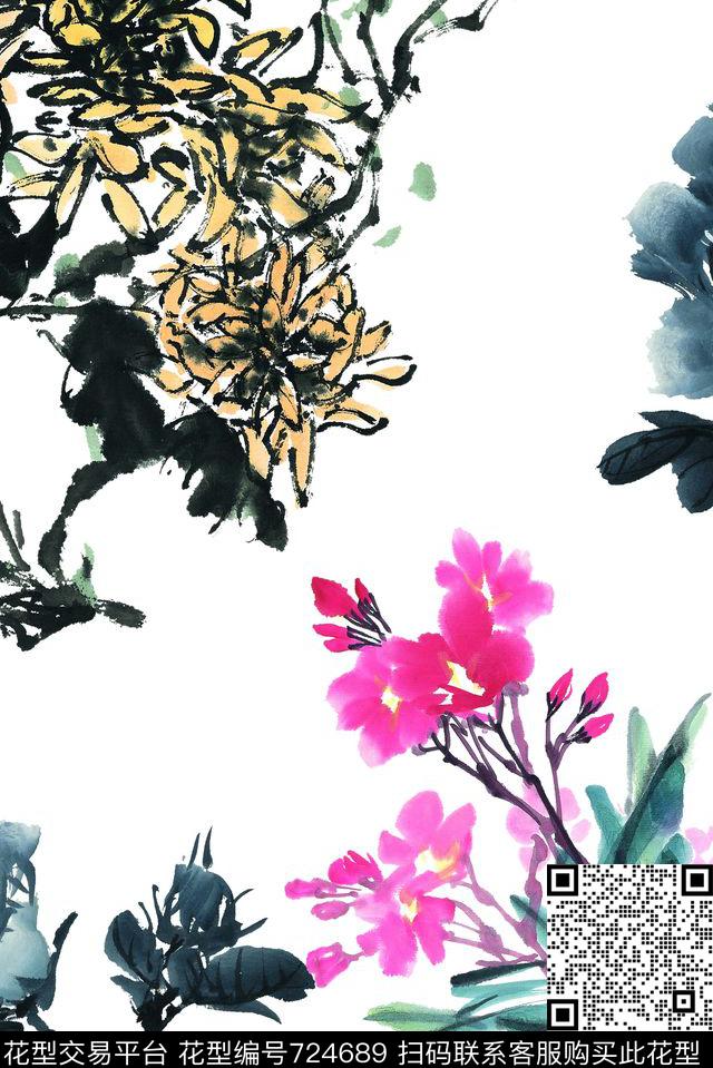 大花水墨风花卉数码印花华亿平台下载（图片编号: 724689） - 瓦栏（Walan）