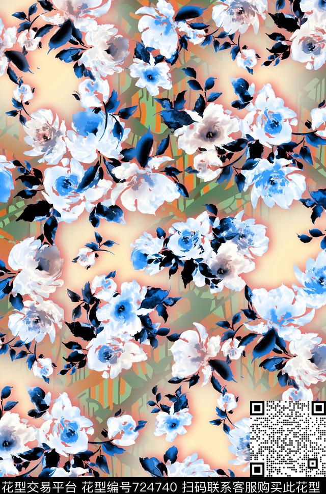 条纹花朵花卉数码印花华亿平台下载（图片编号: 724740） - 瓦栏（Walan）