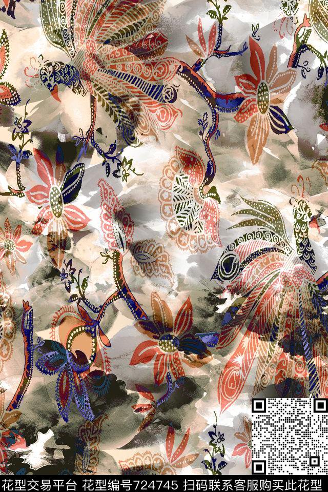 大花牡丹玫瑰数码印花华亿平台下载（图片编号: 724745） - 瓦栏（Walan）