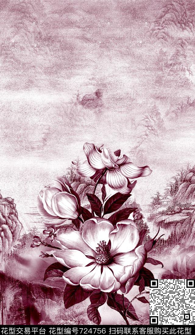玉兰花工笔水彩数码印花华亿平台下载（图片编号: 724756） - 瓦栏（Walan）