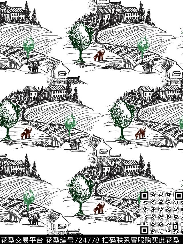 趣味抽象手绘风景传统印花华亿平台下载（图片编号: 724778） - 瓦栏（Walan）