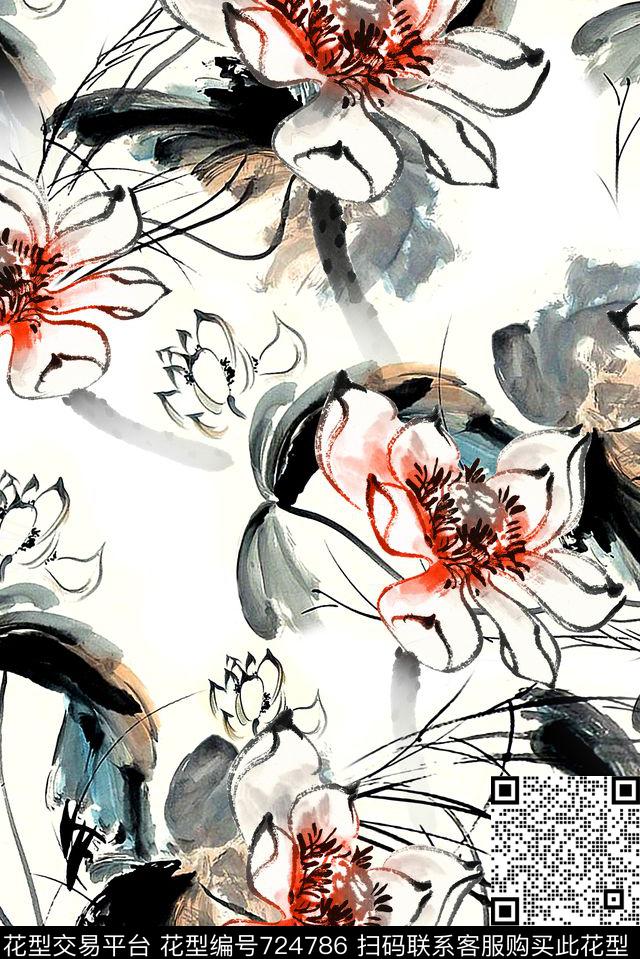 中国风国画花卉水墨荷花时尚流行女装数码印花华亿平台下载（图片编号: 724786） - 瓦栏（Walan）