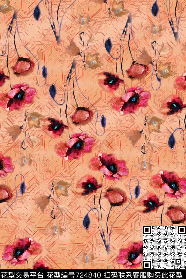 花朵花卉抽象虞美人数码印花华亿平台下载（图片编号: 724840） - 瓦栏（Walan）