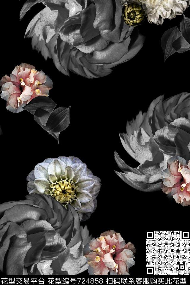 大花花卉休闲数码印花华亿平台下载（图片编号: 724858） - 瓦栏（Walan）
