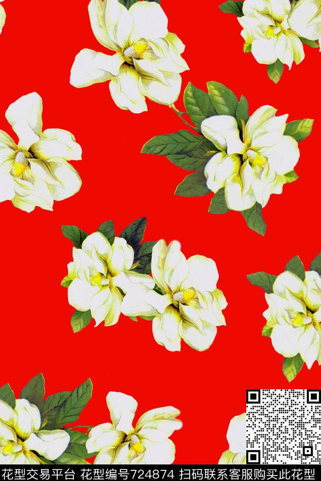 水彩花卉大花朵女装数码印花华亿平台下载（图片编号: 724874） - 瓦栏（Walan）