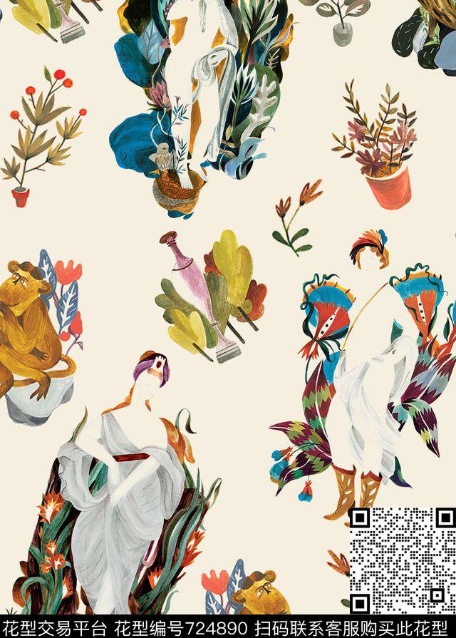 花卉人物抽象数码印花华亿平台下载（图片编号: 724890） - 瓦栏（Walan）