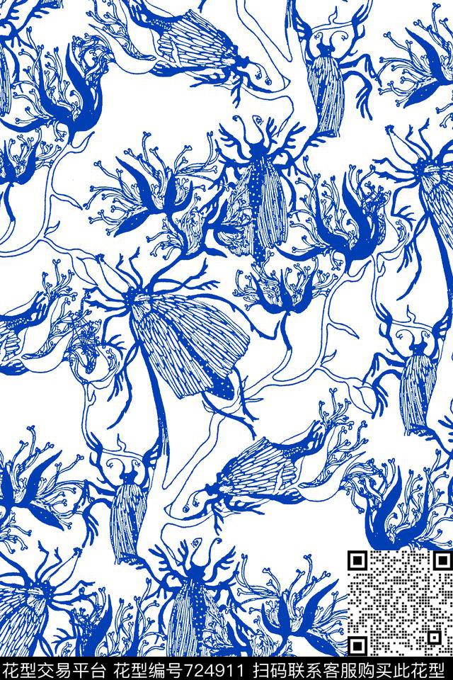 昆虫线条花女装华亿平台传统印花华亿平台下载（图片编号: 724911） - 瓦栏（Walan）