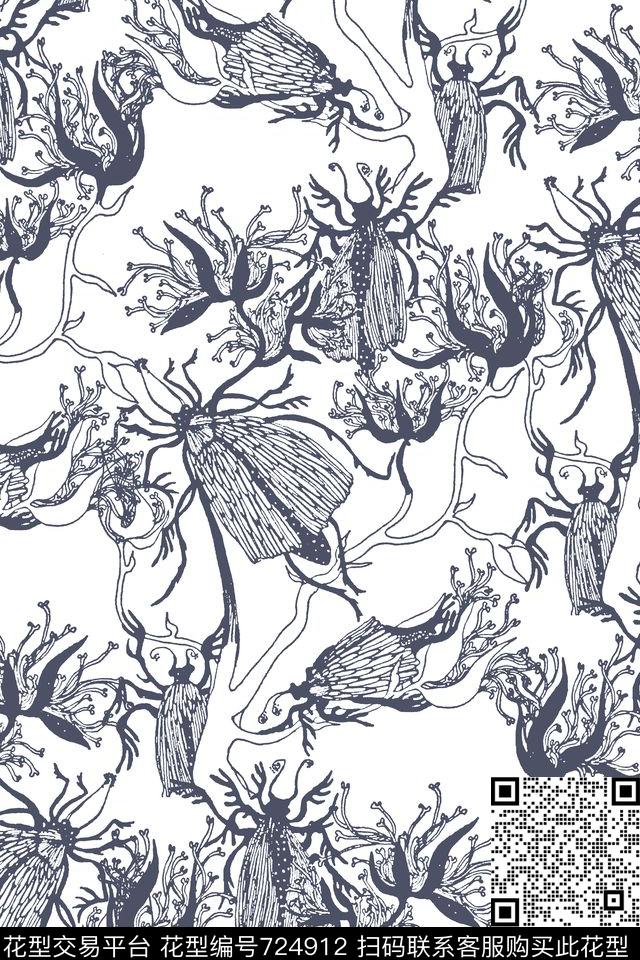 昆虫线条花女装华亿平台传统印花华亿平台下载（图片编号: 724912） - 瓦栏（Walan）