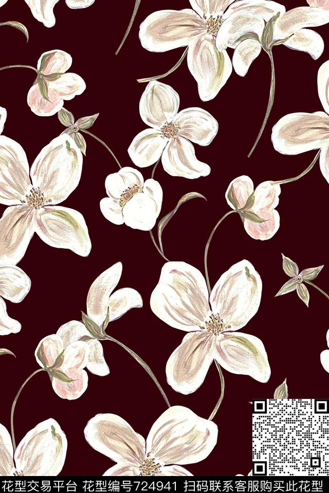 抽象手绘油画花卉数码印花时尚潮流女装裙子印花满版花朵印花数码印花华亿平台下载（图片编号: 724941） - 瓦栏（Walan）