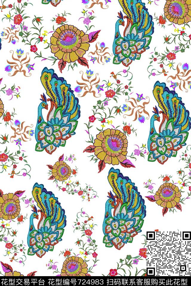 孔雀花卉绣花数码印花华亿平台下载（图片编号: 724983） - 瓦栏（Walan）