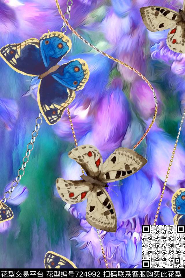 蝴蝶水彩链条数码印花华亿平台下载（图片编号: 724992） - 瓦栏（Walan）