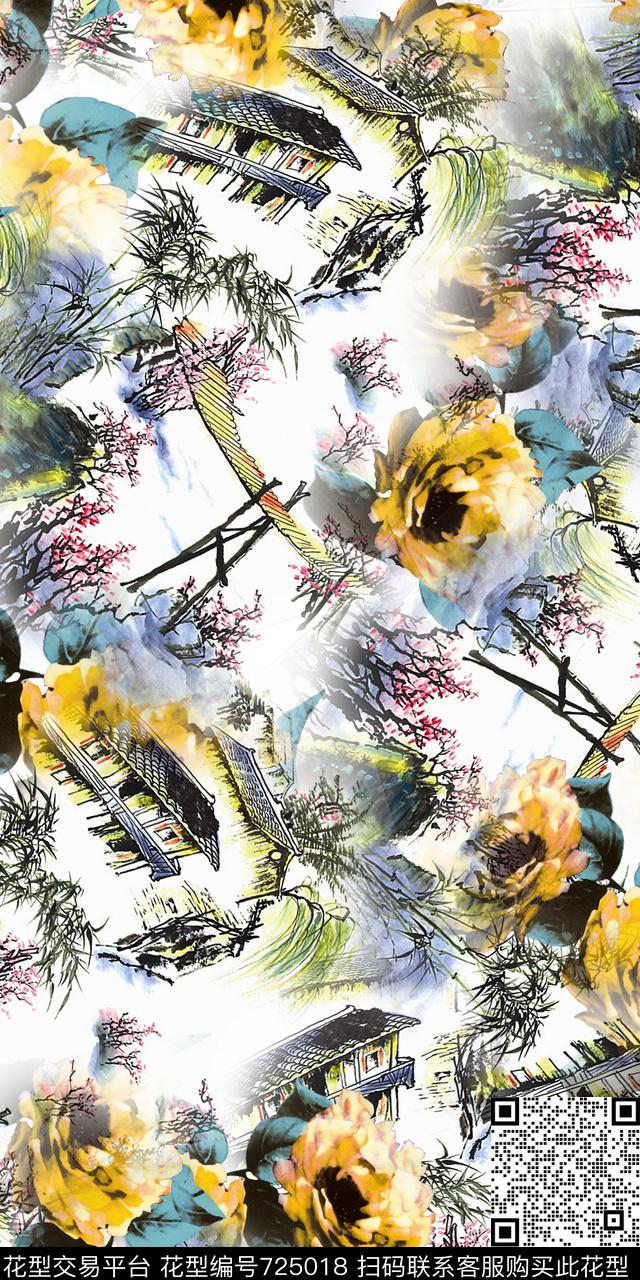 国画山水房屋油画数码印花华亿平台下载（图片编号: 725018） - 瓦栏（Walan）