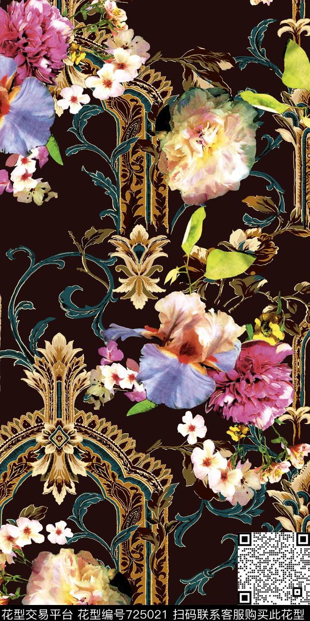 宫廷风卷草纹复古数码印花华亿平台下载（图片编号: 725021） - 瓦栏（Walan）