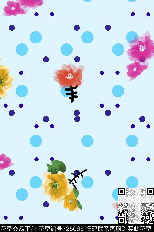 原创手绘大花卉波点花卉清爽花卉数码印花华亿平台下载（图片编号: 725065） - 瓦栏（Walan）