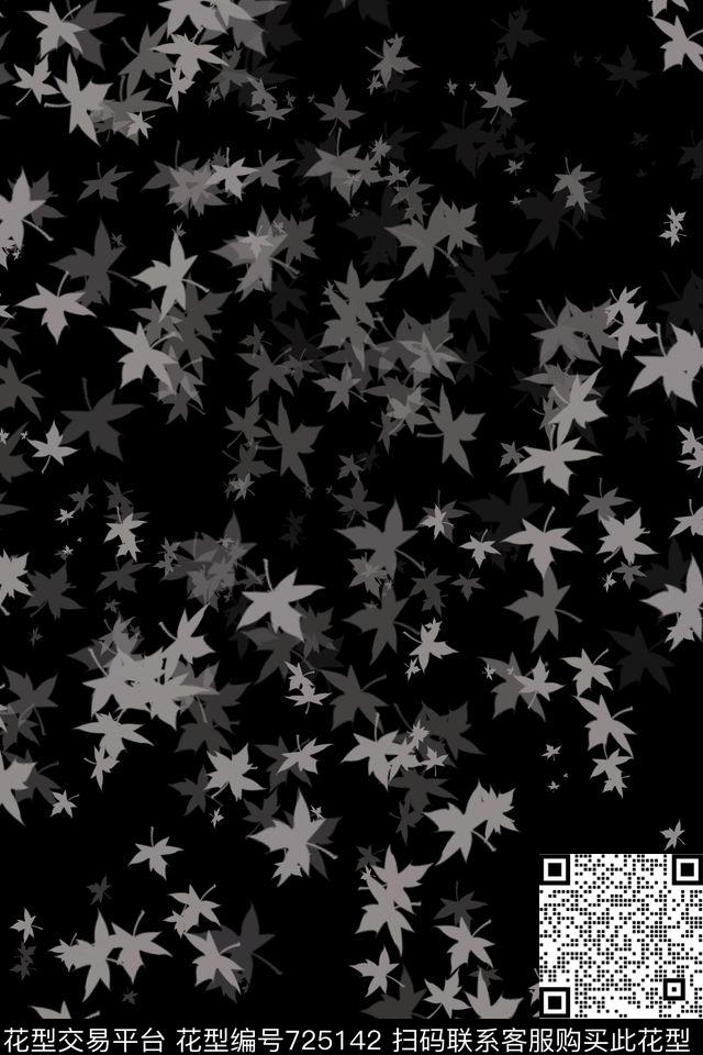 黑底树叶3黑白花数码印花华亿平台下载（图片编号: 725142） - 瓦栏（Walan）