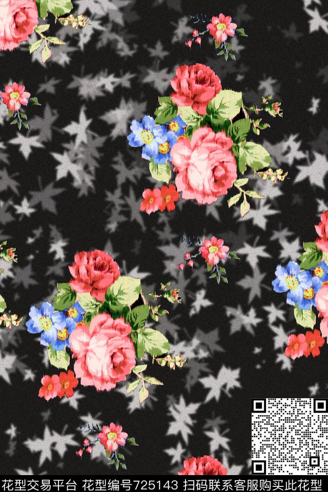 牡丹树叶3花朵数码印花华亿平台下载（图片编号: 725143） - 瓦栏（Walan）