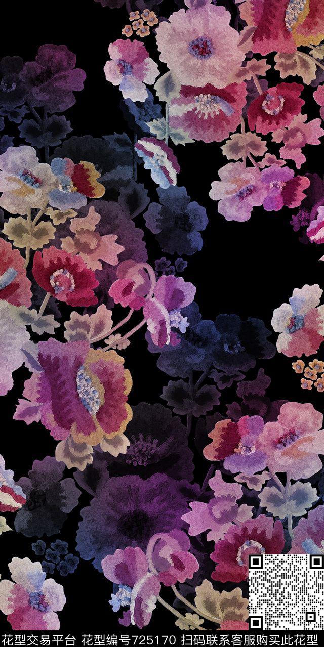 大花花卉手绘花数码印花华亿平台下载（图片编号: 725170） - 瓦栏（Walan）
