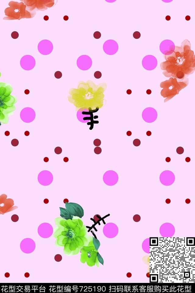 原创手绘大花卉波点花卉清爽花卉数码印花华亿平台下载（图片编号: 725190） - 瓦栏（Walan）