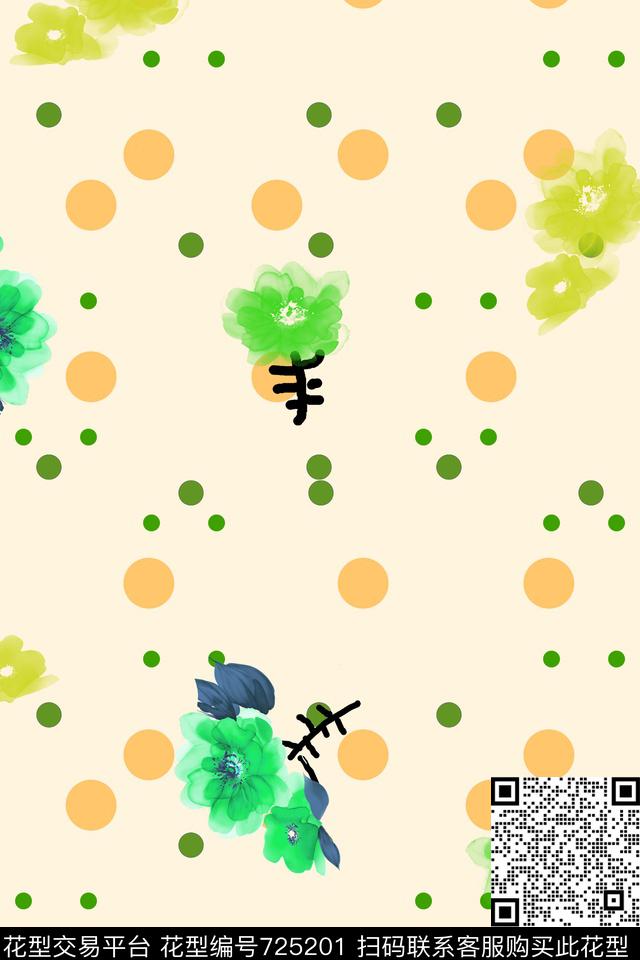 原创手绘大花卉波点花卉清爽花卉数码印花华亿平台下载（图片编号: 725201） - 瓦栏（Walan）
