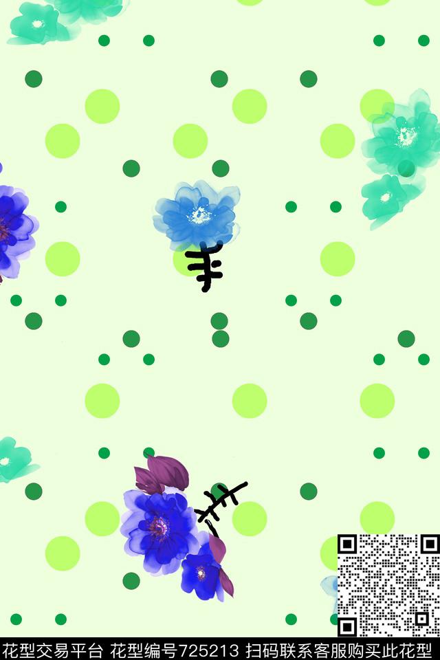 原创手绘大花卉波点花卉清爽花卉数码印花华亿平台下载（图片编号: 725213） - 瓦栏（Walan）
