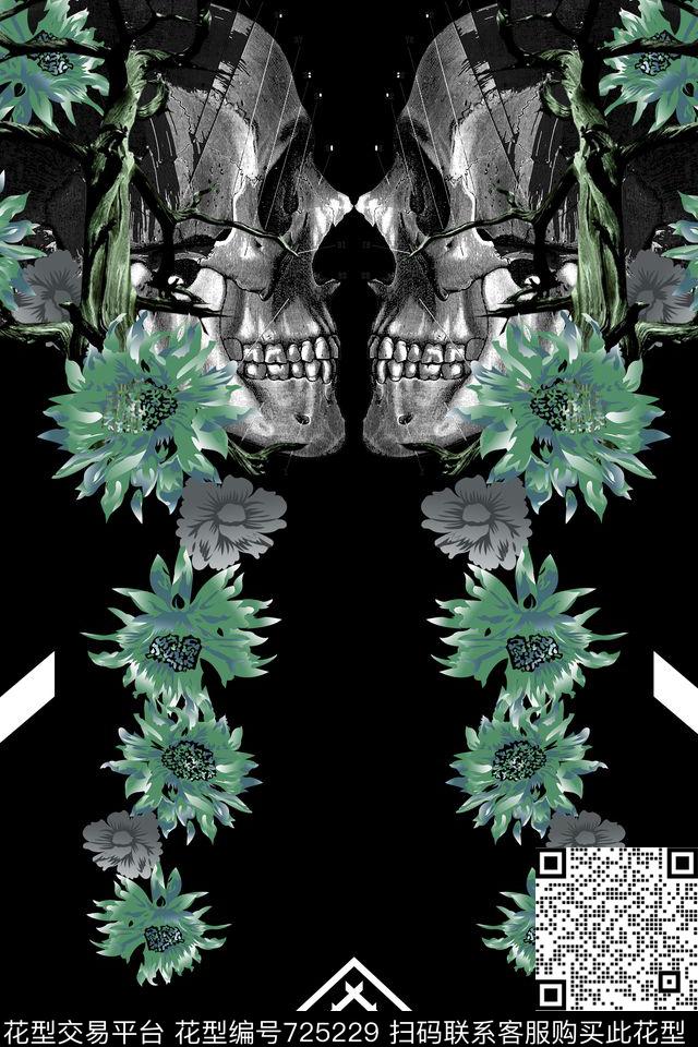 抽象花卉骷髅数码印花华亿平台下载（图片编号: 725229） - 瓦栏（Walan）