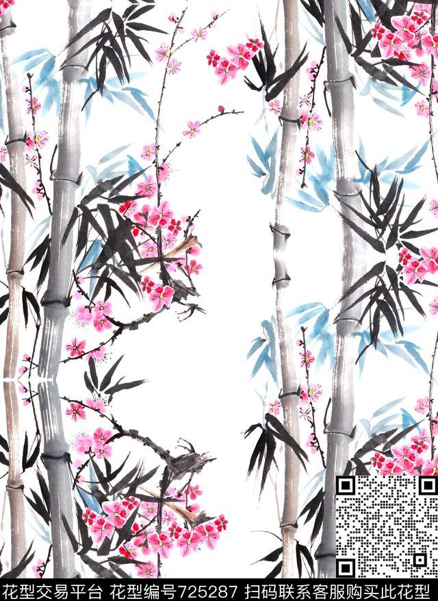 抽象竹叶中国风数码印花华亿平台下载（图片编号: 725287） - 瓦栏（Walan）