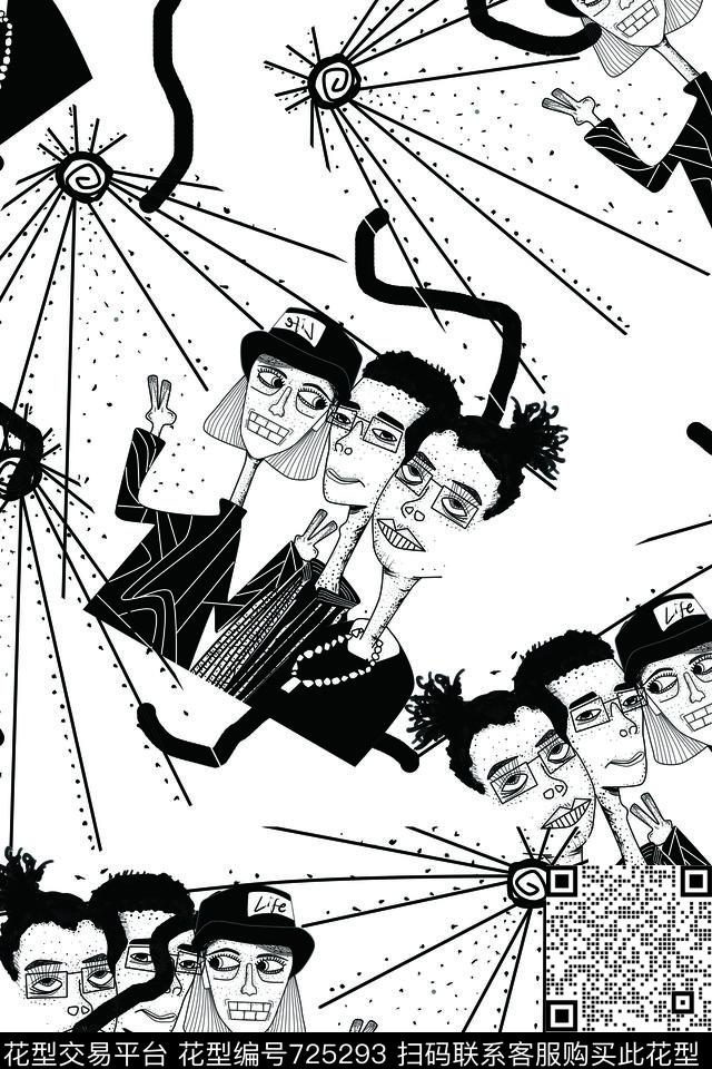 黑白漫画卡通四方连续数码印花华亿平台下载（图片编号: 725293） - 瓦栏（Walan）