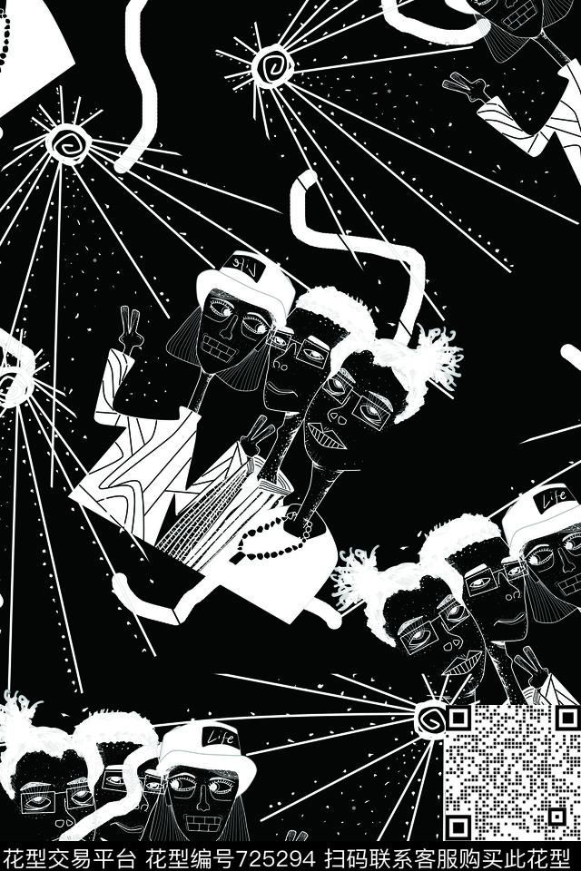 黑白漫画卡通四方连续数码印花华亿平台下载（图片编号: 725294） - 瓦栏（Walan）