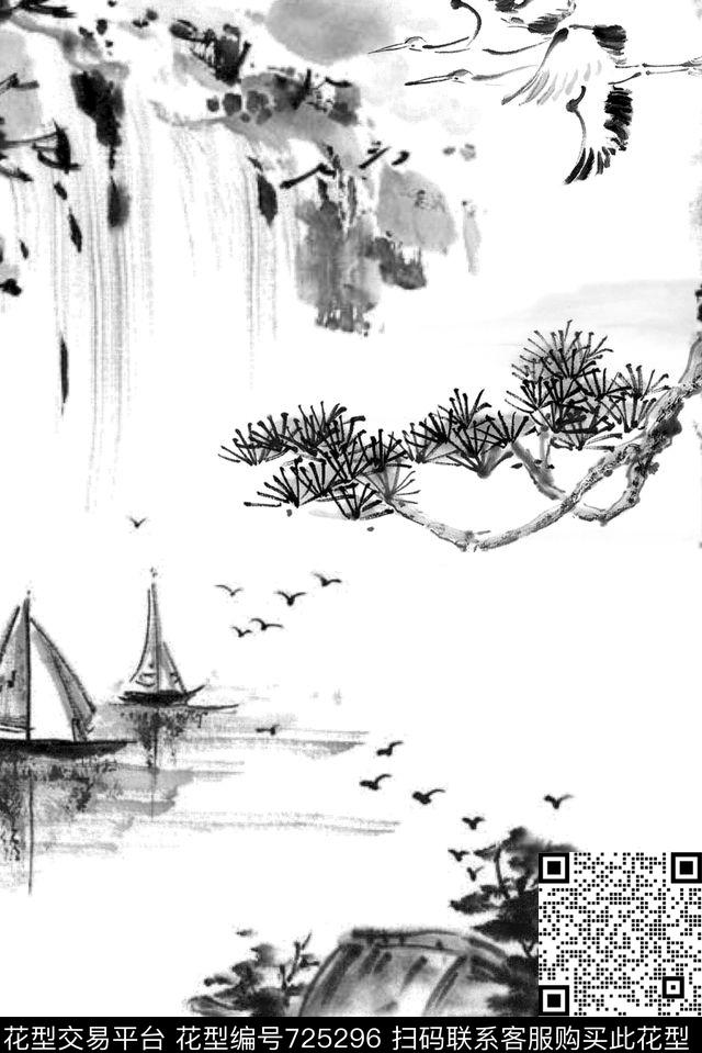 黑白松树风景数码印花华亿平台下载（图片编号: 725296） - 瓦栏（Walan）