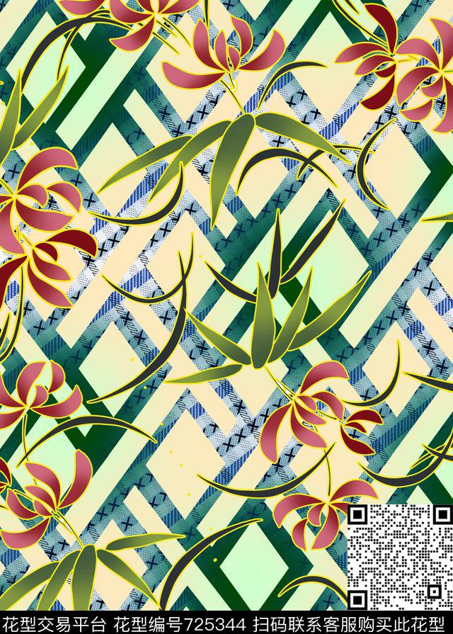 几何兰花菱形格数码印花华亿平台下载（图片编号: 725344） - 瓦栏（Walan）