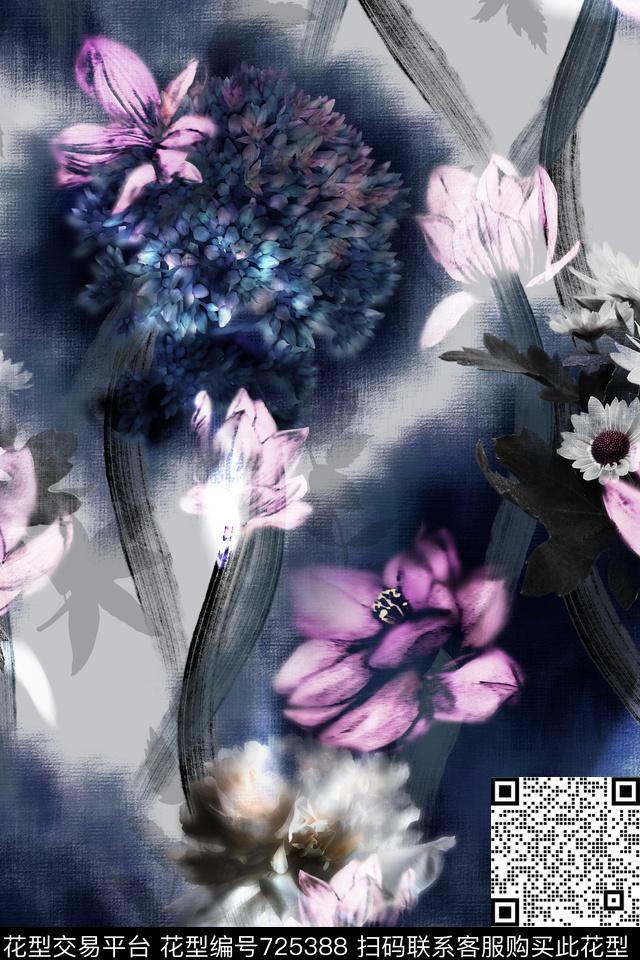 中国风真丝花卉数码印花华亿平台下载（图片编号: 725388） - 瓦栏（Walan）