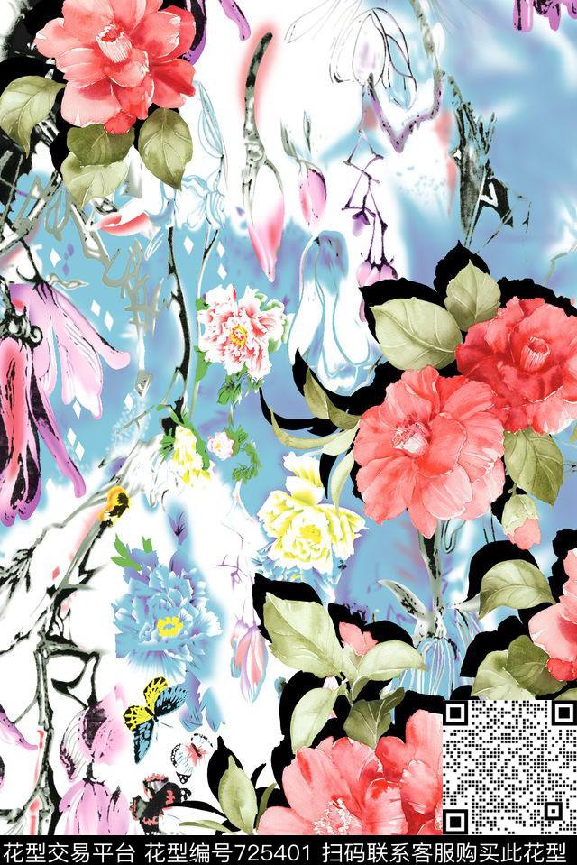 小碎花大花牡丹数码印花华亿平台下载（图片编号: 725401） - 瓦栏（Walan）