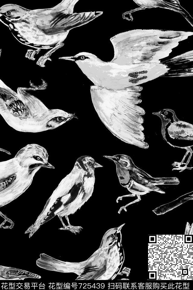 手绘黑白鸟类数码印花华亿平台下载（图片编号: 725439） - 瓦栏（Walan）
