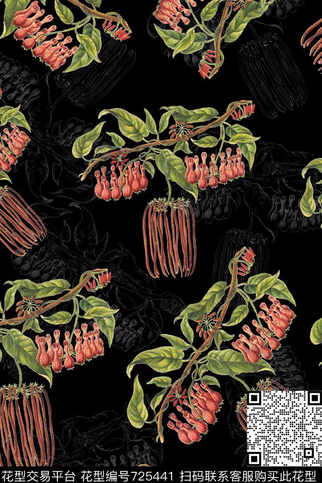 手绘枝条花草数码印花华亿平台下载（图片编号: 725441） - 瓦栏（Walan）