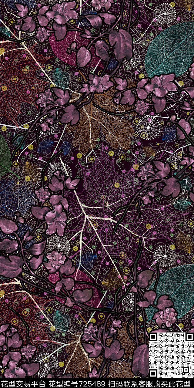 手绘紫罗兰叶脉数码印花华亿平台下载（图片编号: 725489） - 瓦栏（Walan）